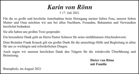 Karin von Rönn, geb. Geerts *06. Dezember 1937 – †17. Juli 2021 ...